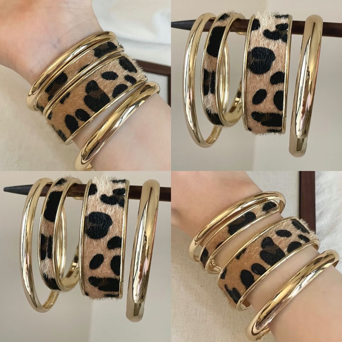 バングル ヒョウ柄ファー×金属リング 重ね付け太めバングルセット