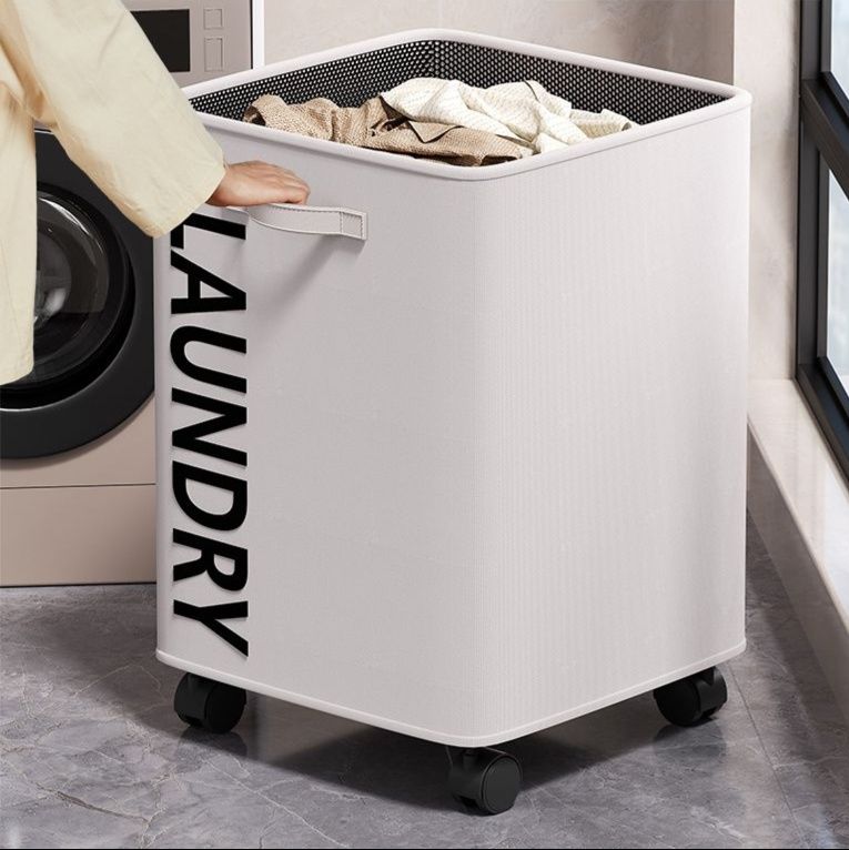 移動式メッシュ蓋付き収納ランドリーバスケット