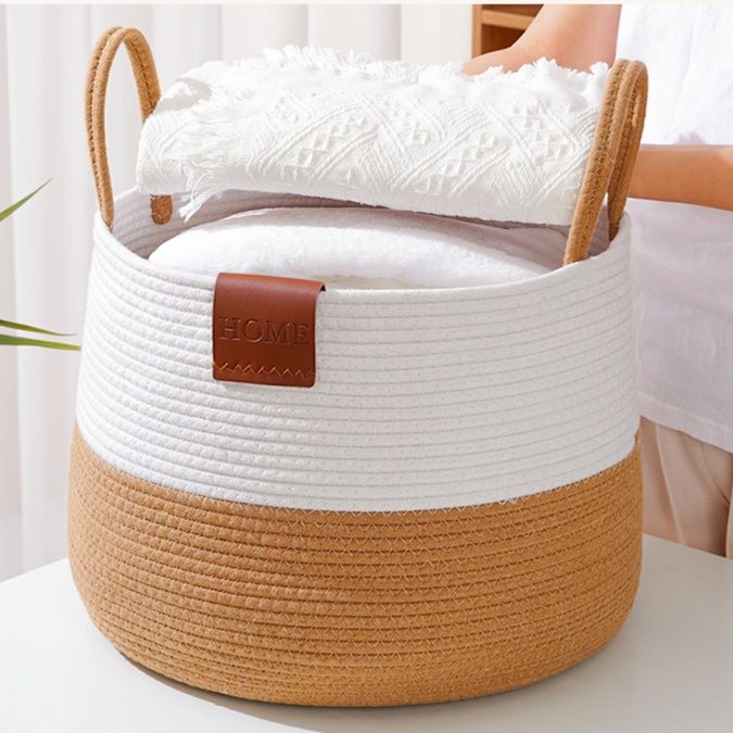 ランドリーバスケット 二色編み込み収納かご