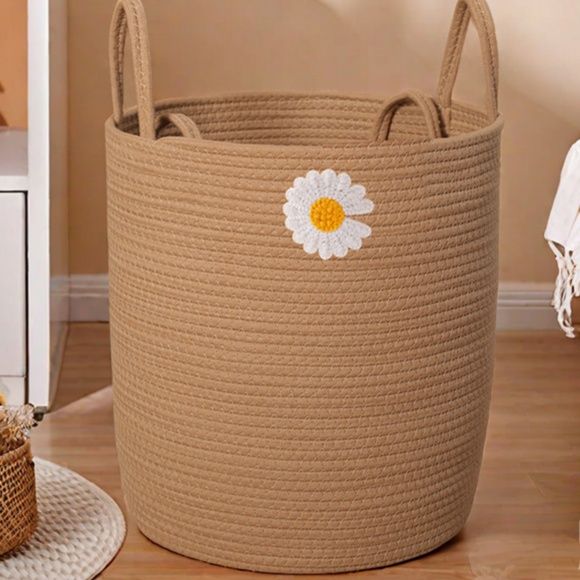 ランドリーバスケット デイジー付き収納かご 洗濯物整理バスケット