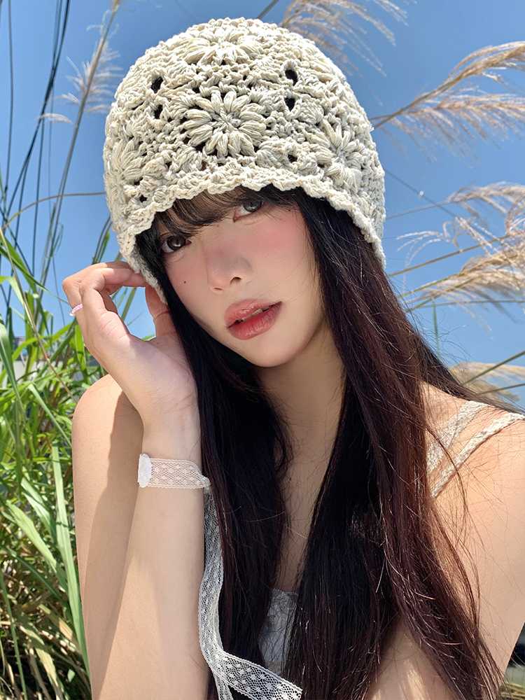 ビーニー　花模様かぎ針編みサマービーニー