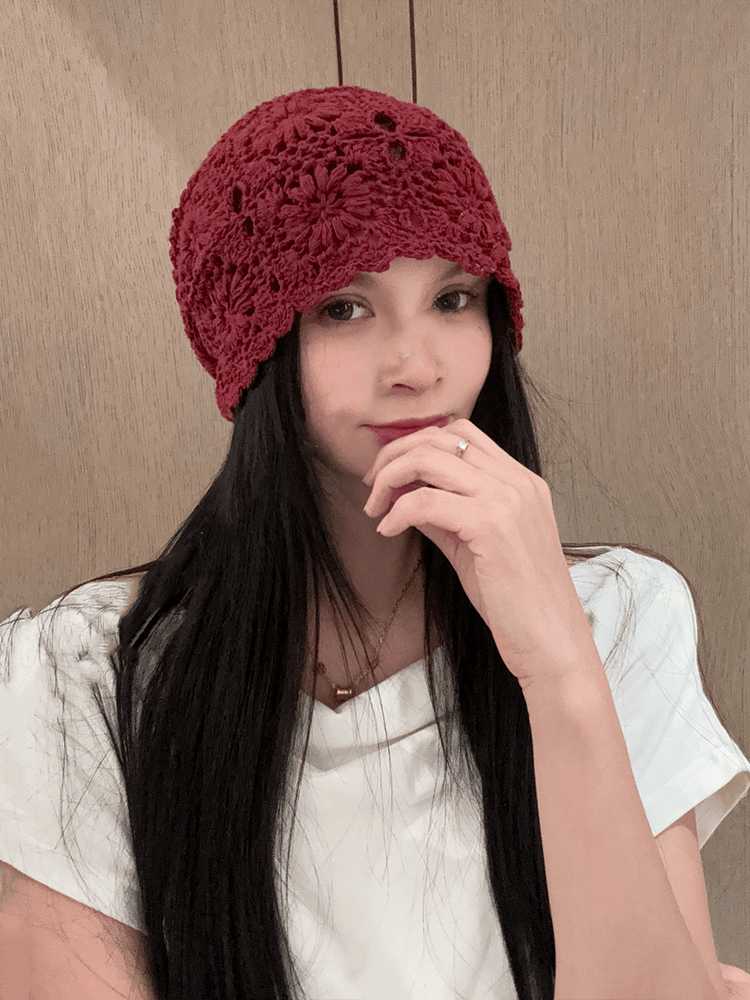 ビーニー 花模様かぎ針編みニット帽