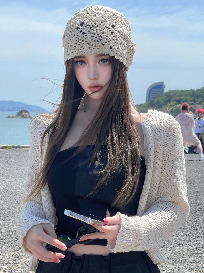 ビーニー 花編みビーチニット帽
