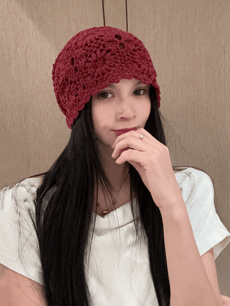 ビーニー 花模様かぎ針編みニット帽