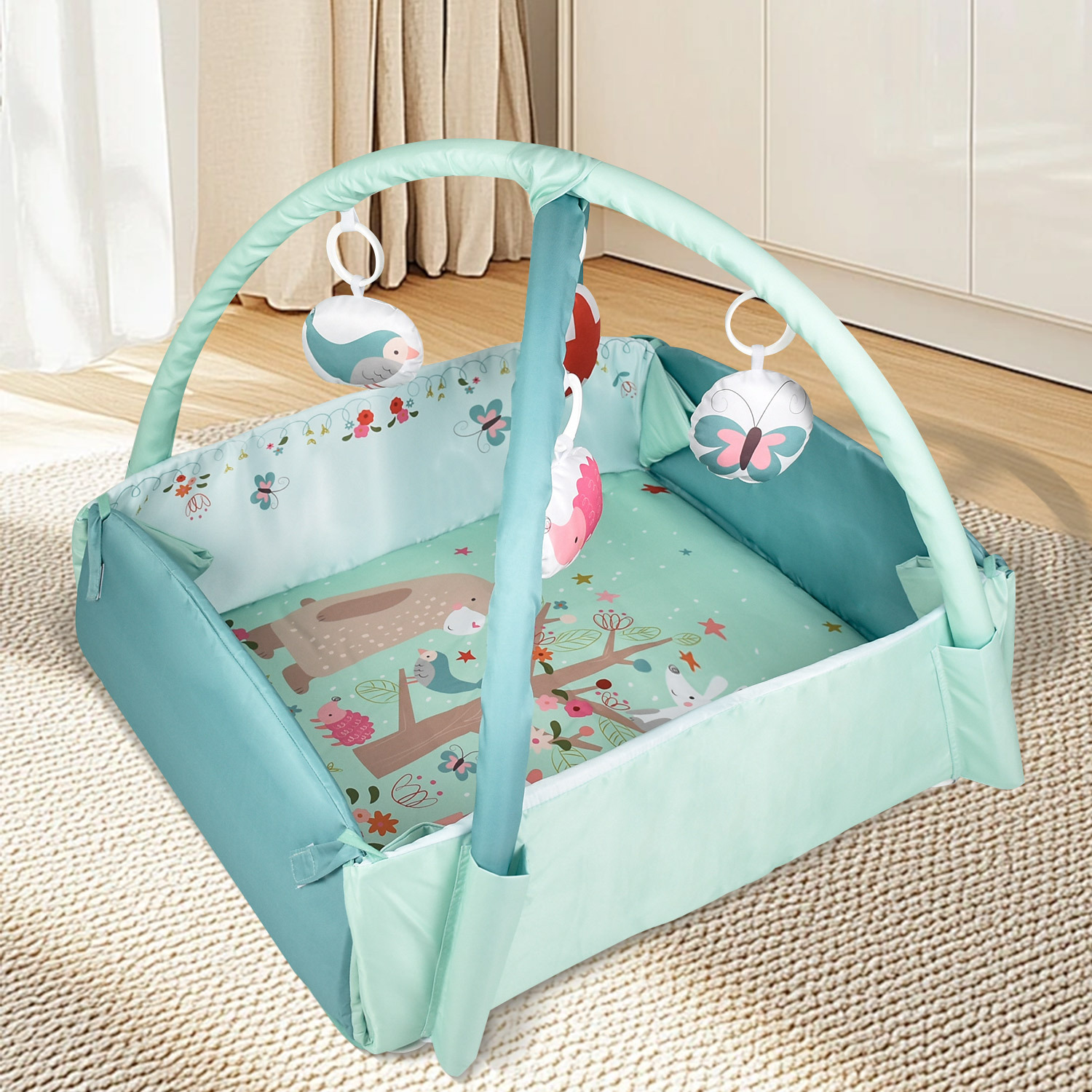 ベビーサークル 吊り下げ玩具付き折りたたみ式ベビーマット