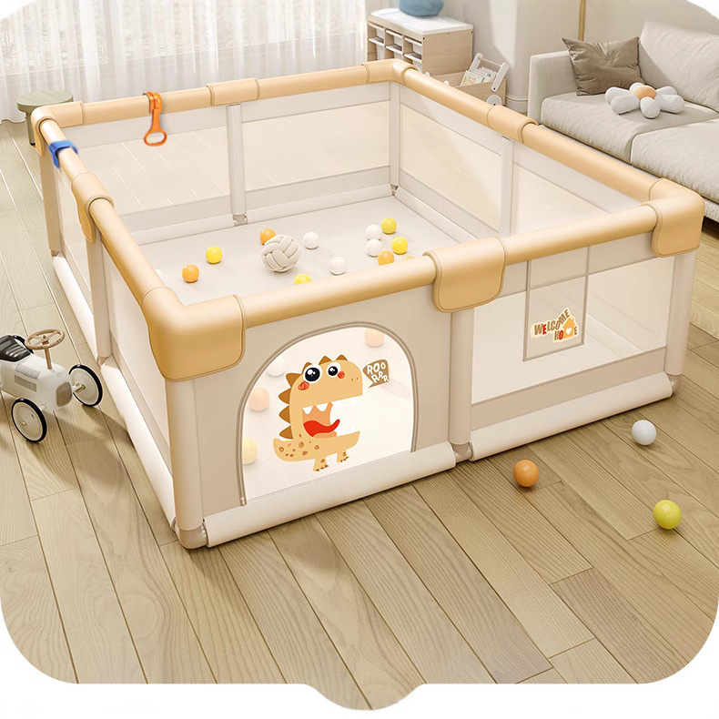 ベビーサークル 恐竜柄メッシュパネル付き折りたたみベビーサークル