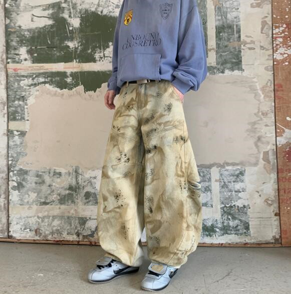 ベージュパンツ 絞り染めベージュワイドカーゴパンツ