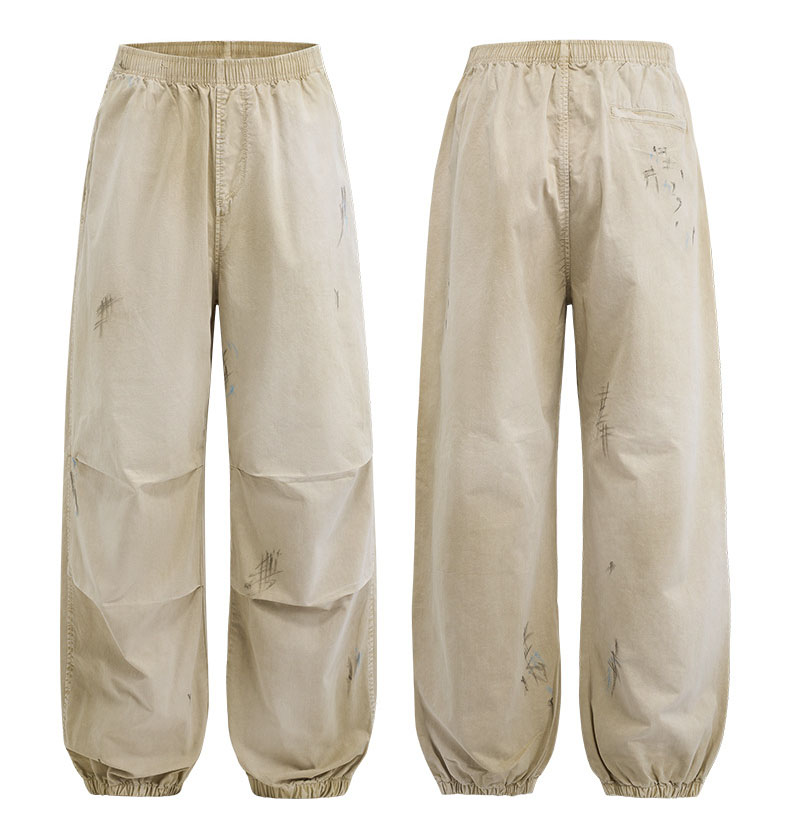 ベージュパンツ メンズ秋冬新作手描き加工パラシュートワークパンツ古着風