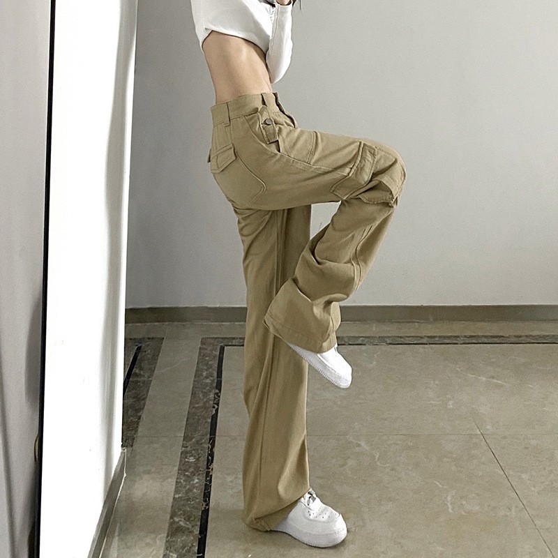 ベージュパンツ レディースカーゴパンツゆったりワイド体型カバーベージュ
