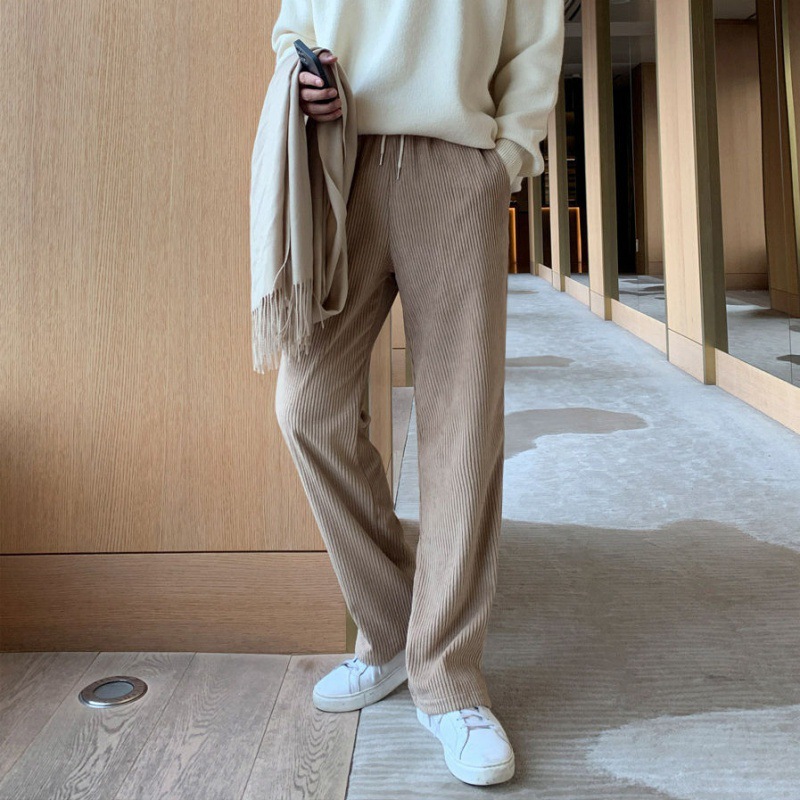 ベージュパンツ メンズ ストレート紐付きリラックスパンツ