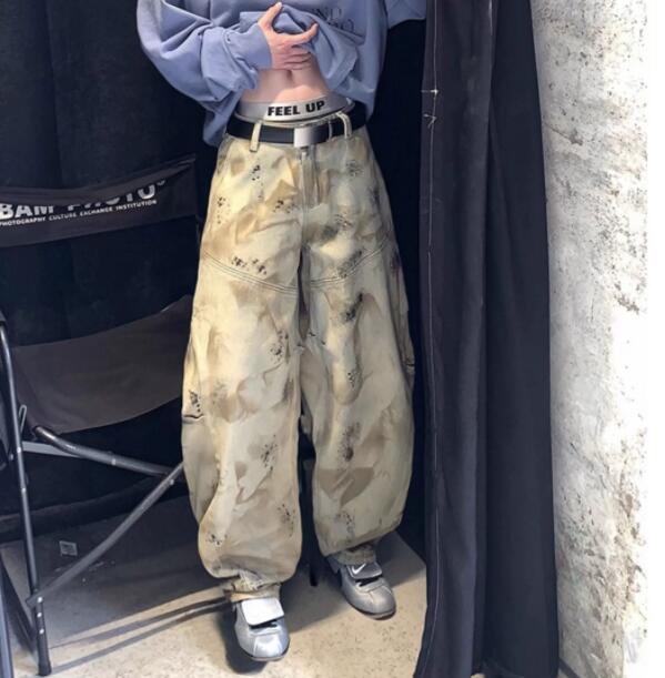 ベージュパンツ 絞り染めベージュワイドカーゴパンツ