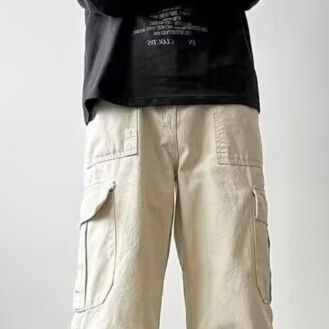 ベージュパンツ 実用的サイドポケット付きワイドパンツ