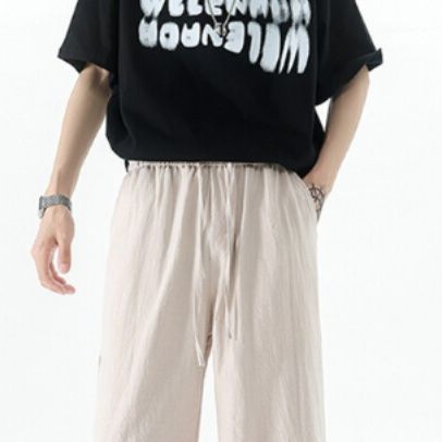 ベージュパンツ しわ感リラックスワイドパンツ