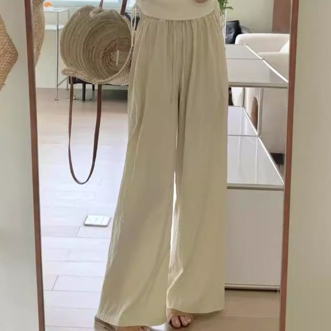 ベージュパンツ リネン風ゆったりパンツ