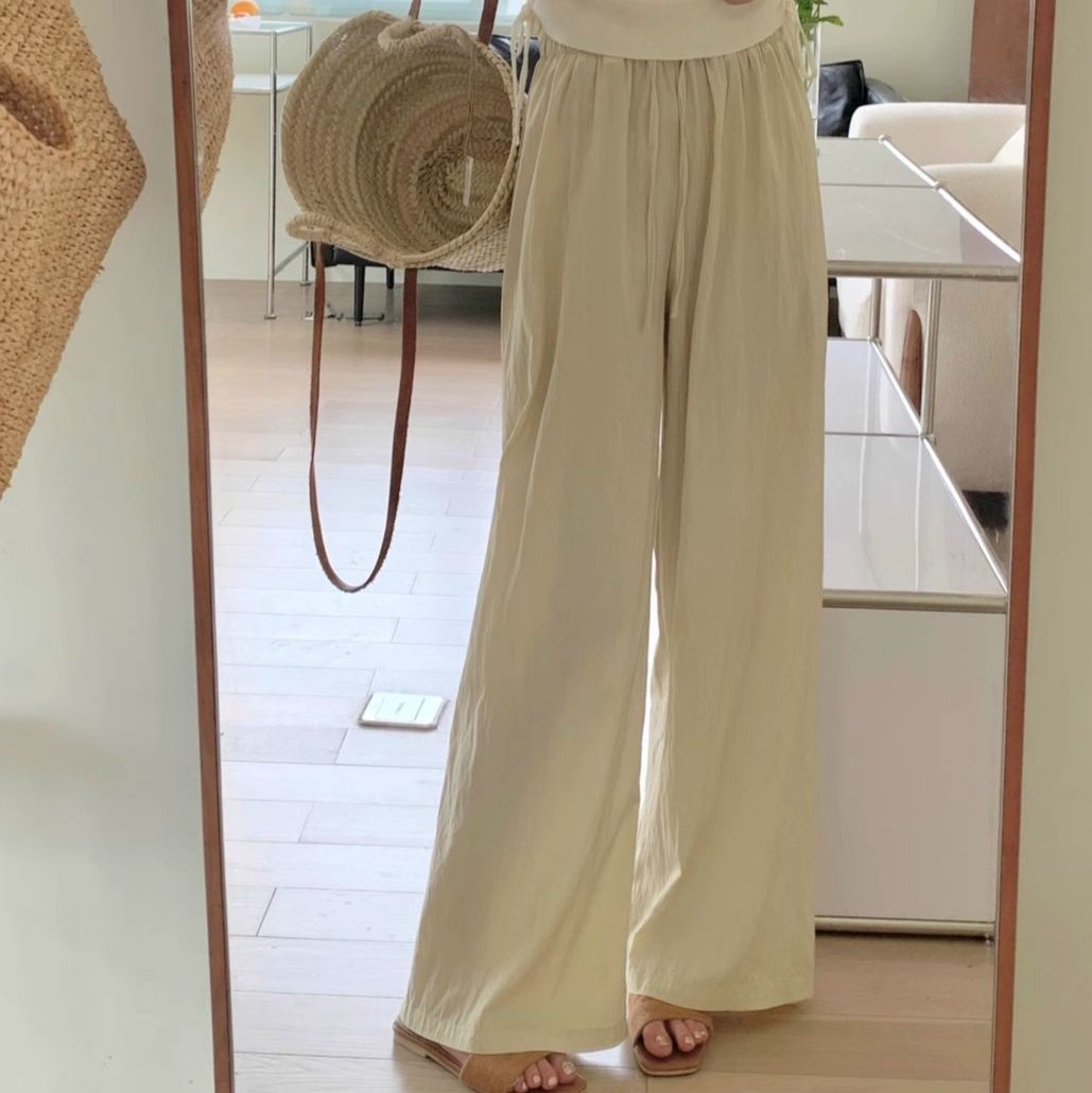 ベージュパンツ リネン風ゆったりパンツ