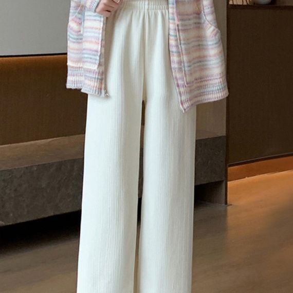 ベージュパンツ しわ加工あったかワイドパンツ