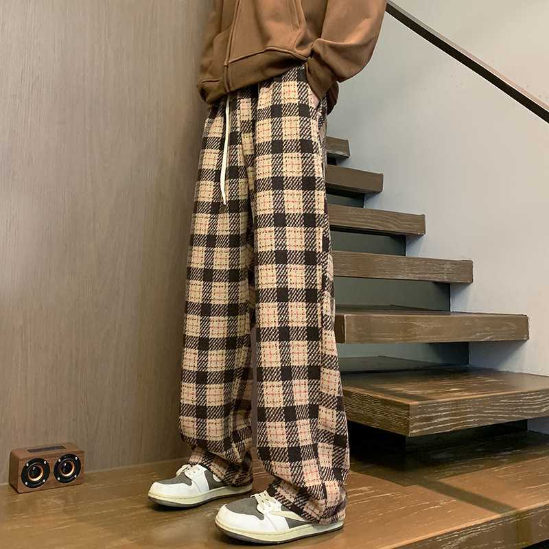 ベージュパンツ メンズ チェック柄ゆったりフィットパンツ