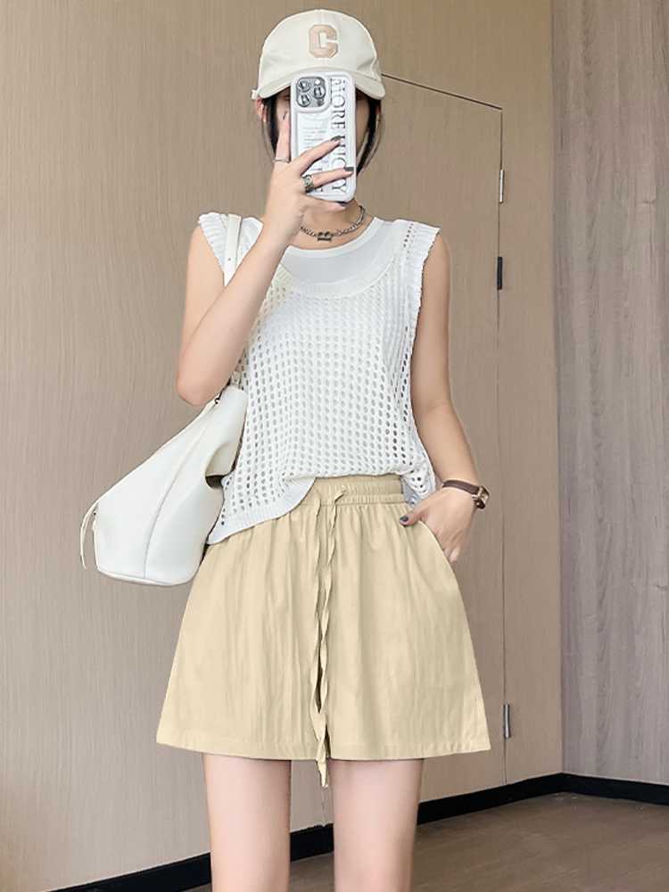 ベージュパンツ レディース 楽ちん美脚ドロストリラックスショートパンツ
