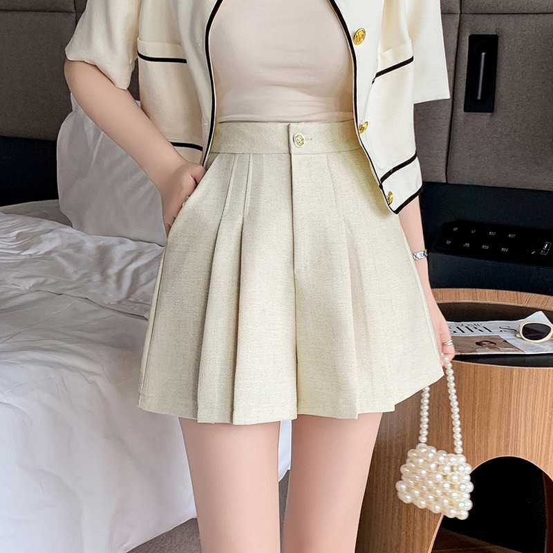 ベージュパンツ レディース プリーツミニショートパンツ