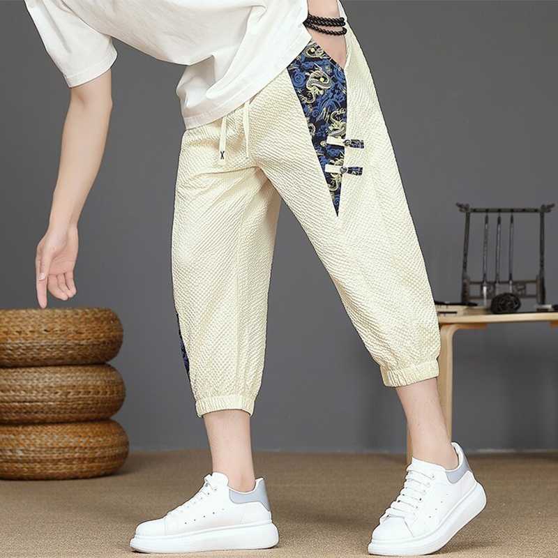 ベージュパンツ ベージュパンツ 和風デザイン七分丈チノパン