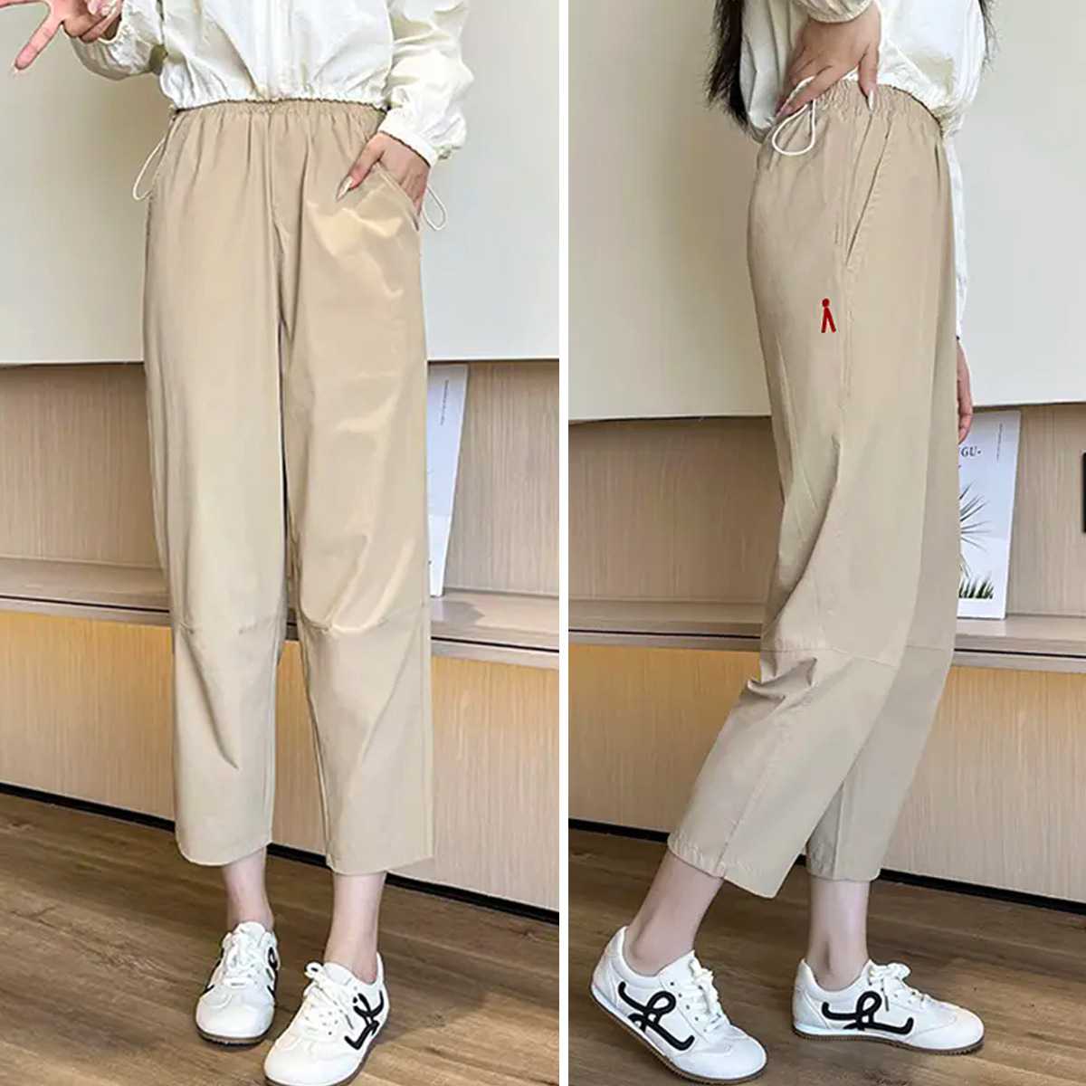 ベージュパンツ ゆったり楽ちん紐付きワイドパンツ