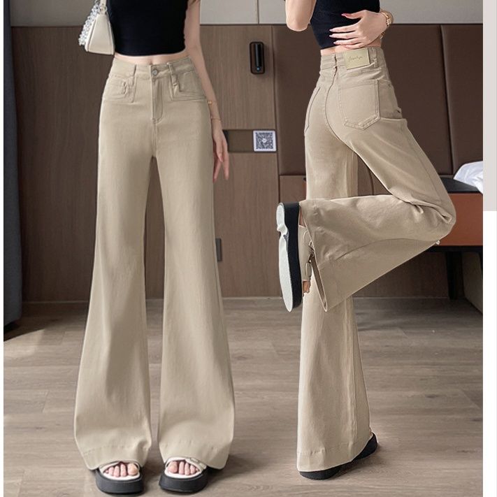 ベージュパンツ ハイウエストフレア美脚長パンツ