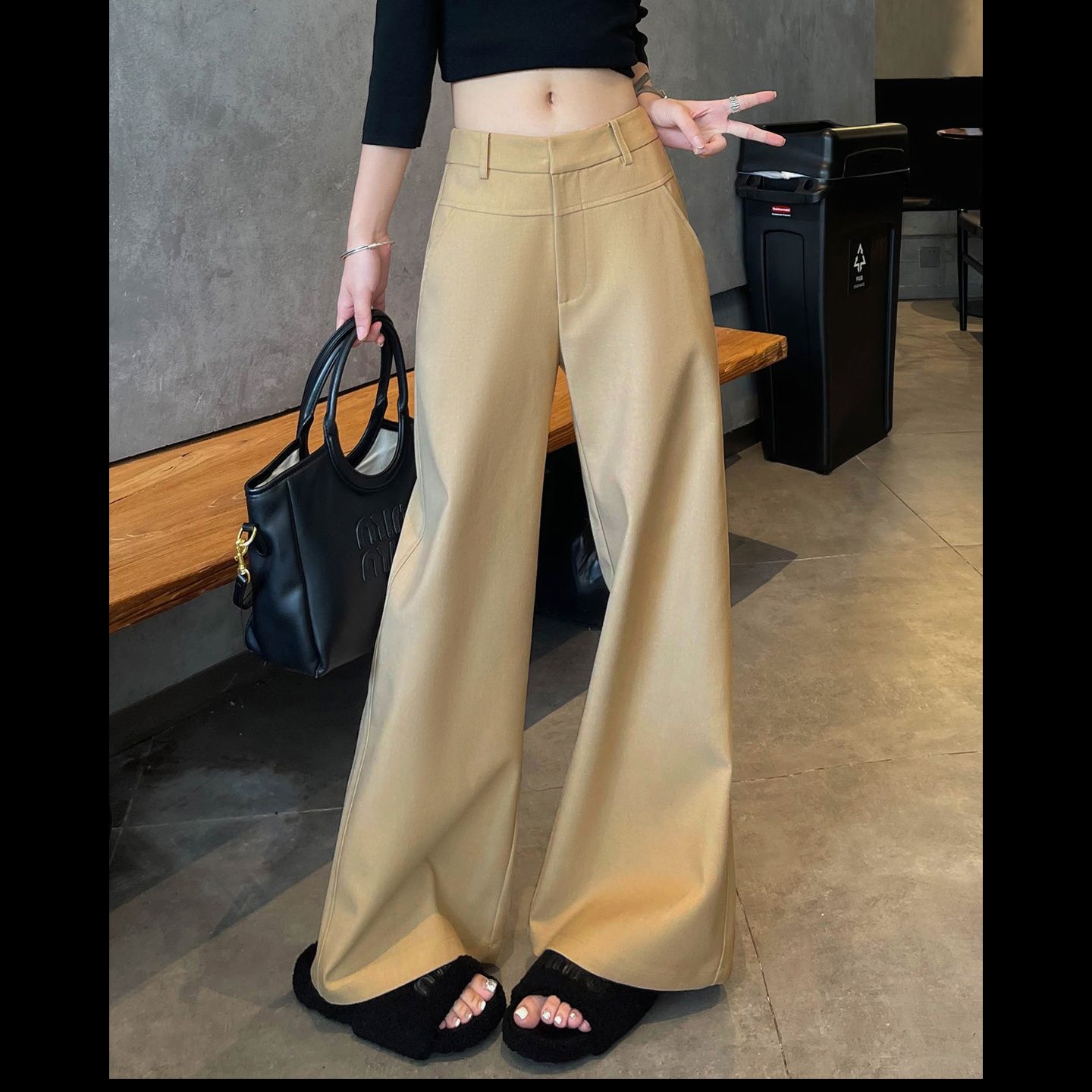 ベージュパンツ 高腰設計ワイドレッグトラウザーズ