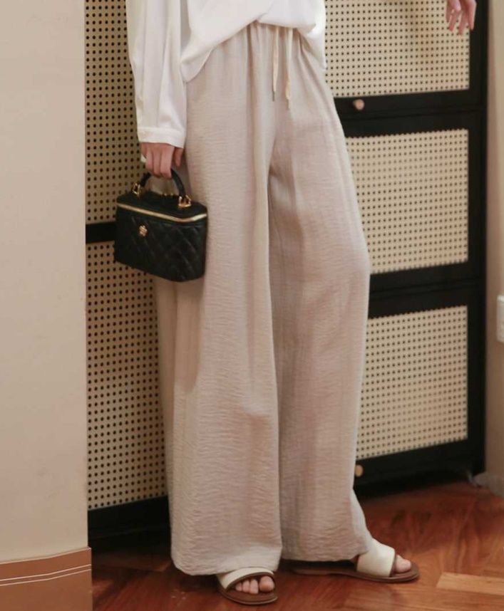 ベージュパンツ 楽ちん麻風リラックスワイドパンツ