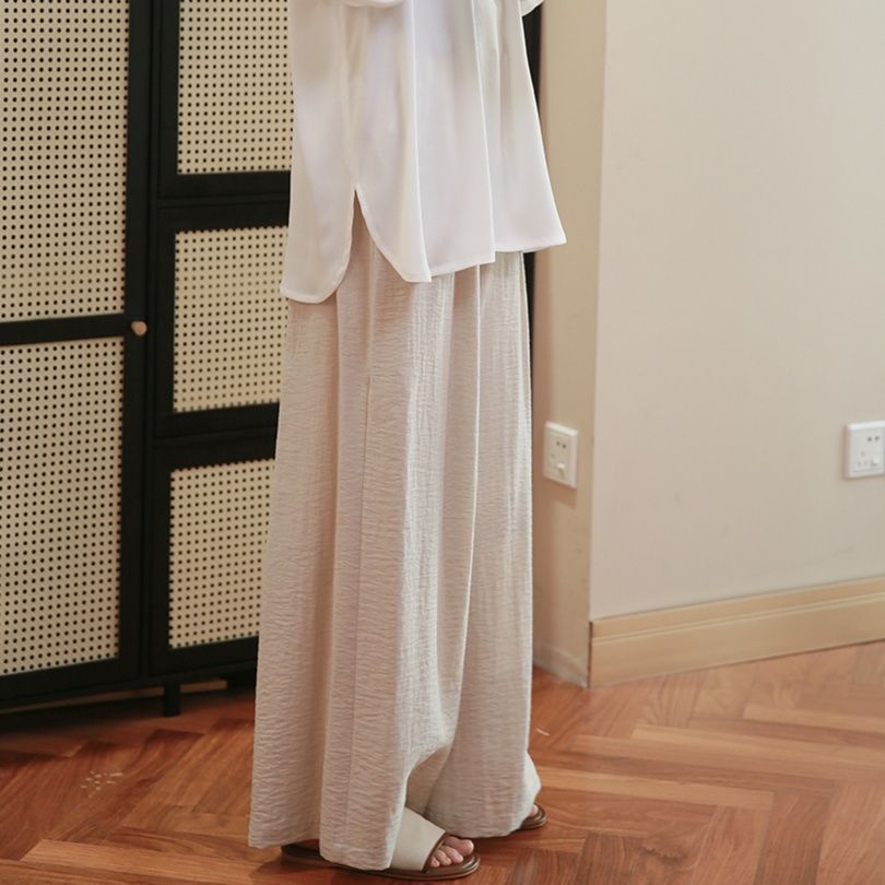 ベージュパンツ 楽ちん麻風リラックスワイドパンツ