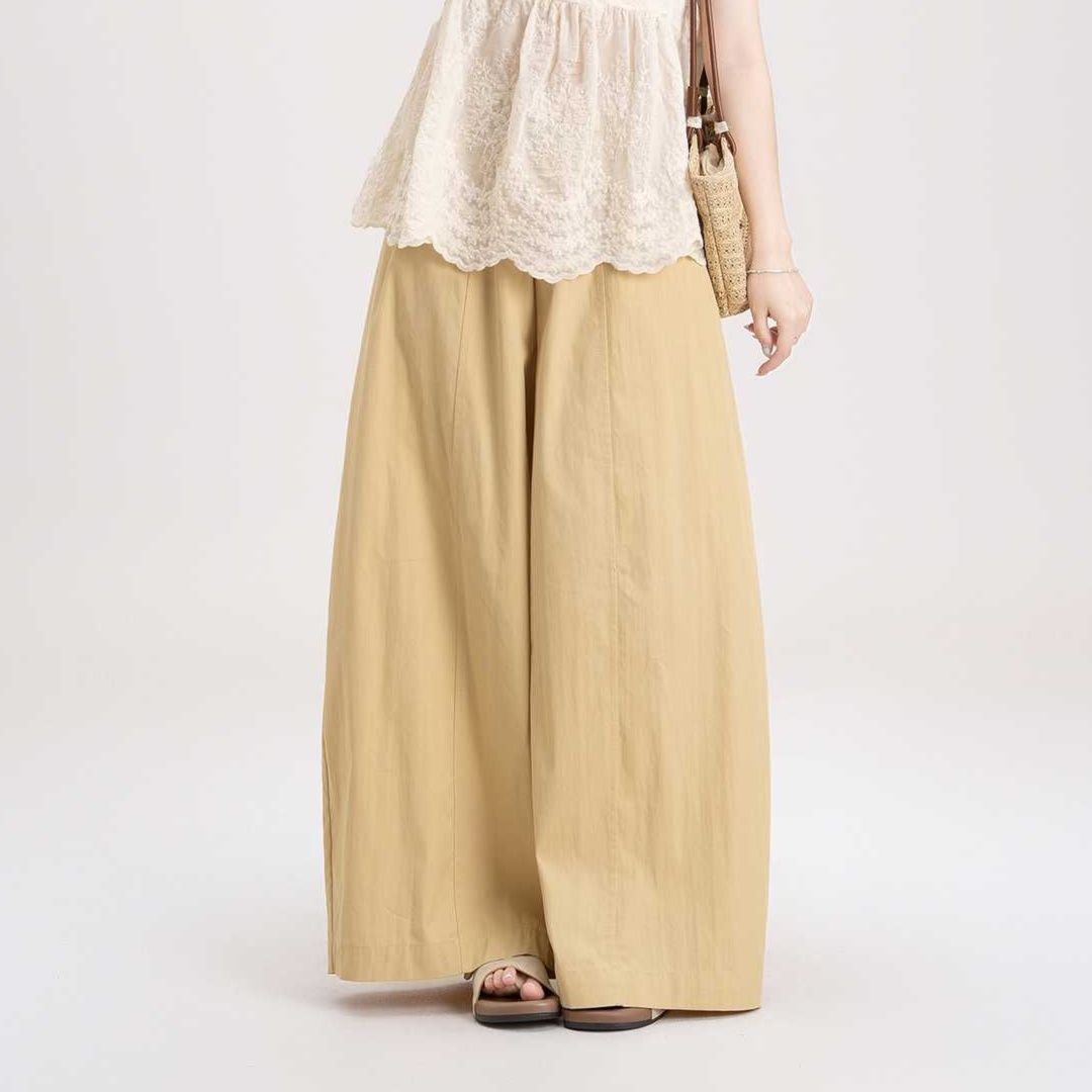ベージュパンツ リネン風マキシワイドパンツ