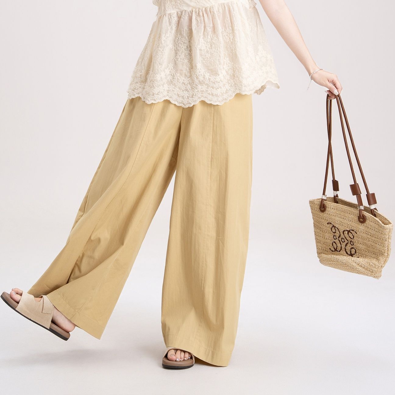 ベージュパンツ リネン風マキシワイドパンツ