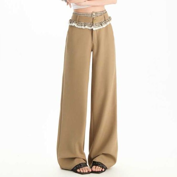ベージュパンツ レース飾りウエスト切替ワイドパンツ
