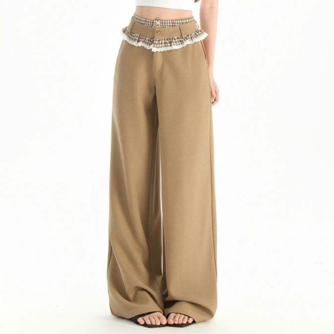 ベージュパンツ レース飾りウエスト切替ワイドパンツ