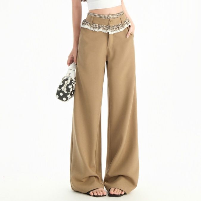 ベージュパンツ レース飾りウエスト切替ワイドパンツ