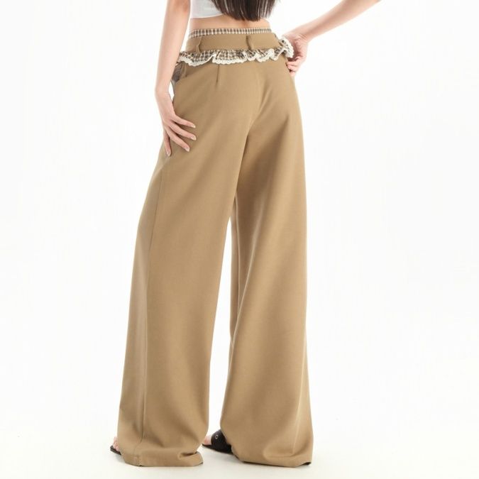 ベージュパンツ レース飾りウエスト切替ワイドパンツ