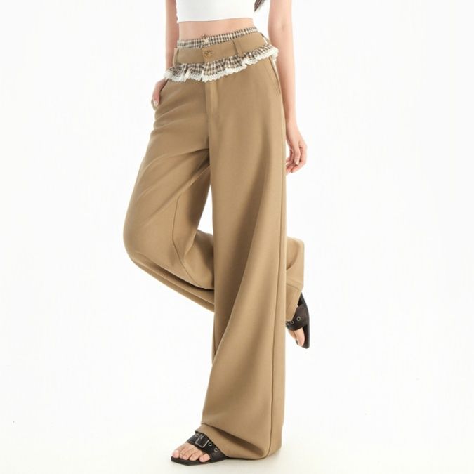 ベージュパンツ レース飾りウエスト切替ワイドパンツ