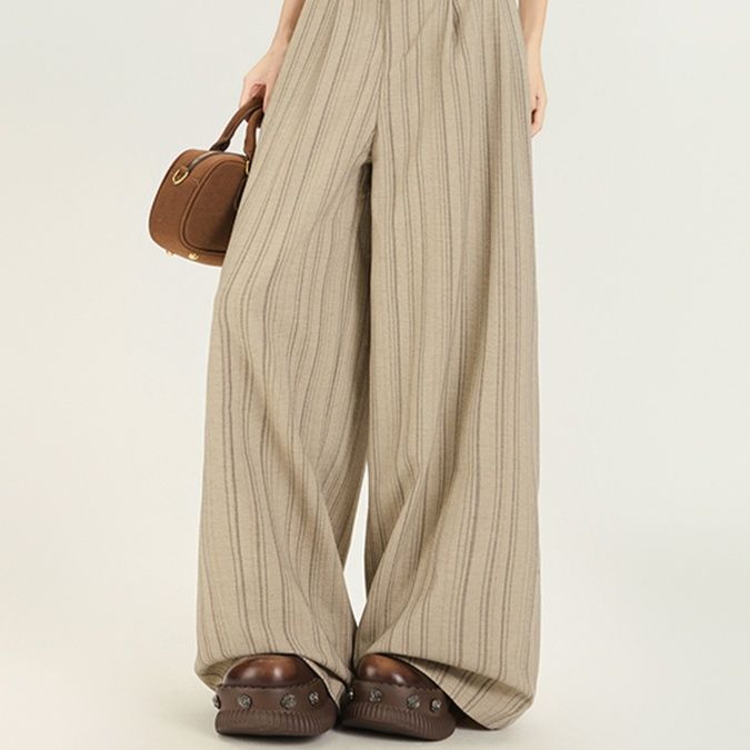 ベージュパンツ 縦縞マキシワイドパンツ