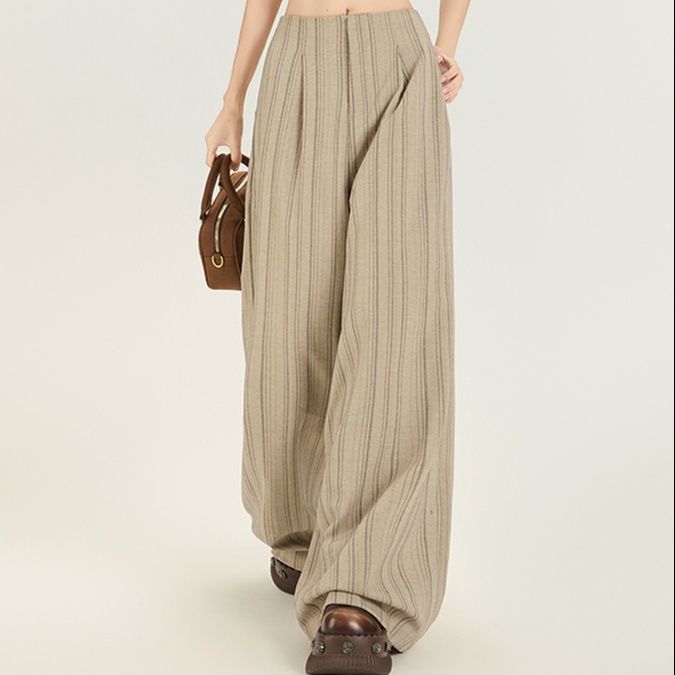ベージュパンツ 縦縞マキシワイドパンツ
