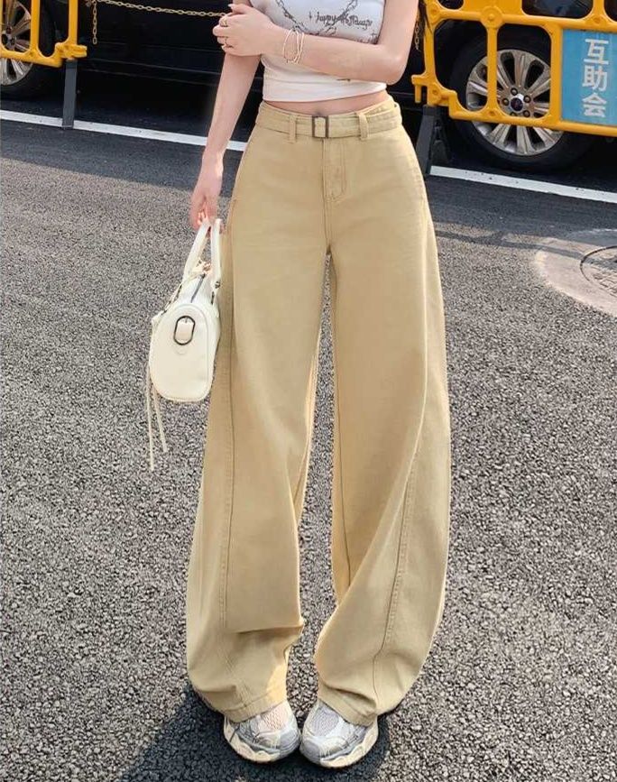 ベージュパンツ ハイウエスト極上ワイドパンツ