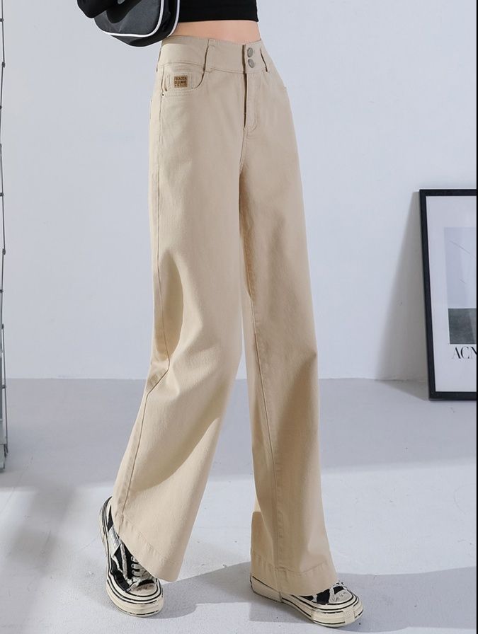 ベージュパンツ ダブルボタン ゆったりストレートパンツ