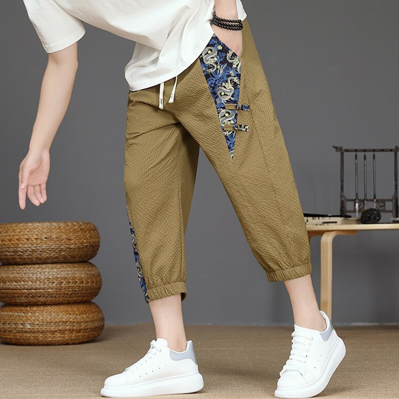 ベージュパンツ ベージュパンツ 和風デザイン七分丈チノパン