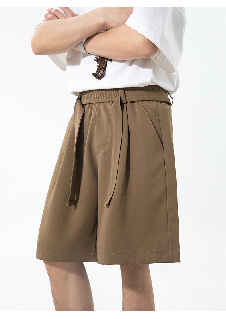ベージュパンツ メンズ ベルト付きワイドショートパンツ 薄手五分丈