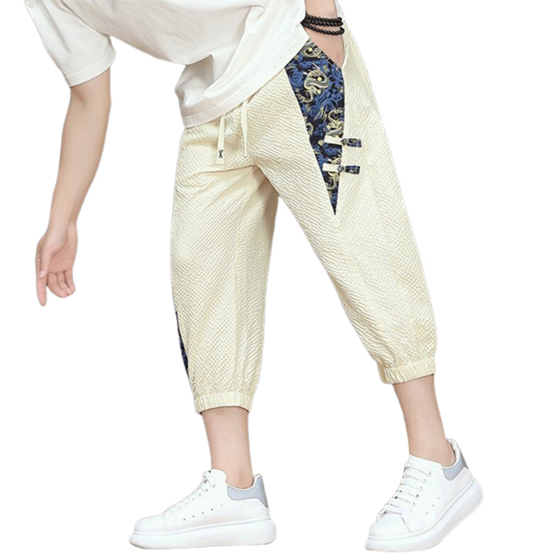 ベージュパンツ ベージュパンツ 和風デザイン七分丈チノパン