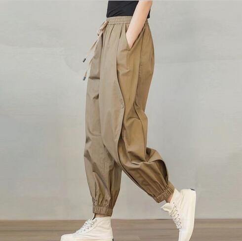 ベージュパンツ レディースハイウエストゆったりテーパードカーゴパンツ