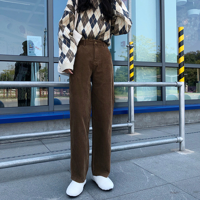 ベージュパンツ 韓国風コーデュロイワイドパンツ秋冬ゆったりベージュ