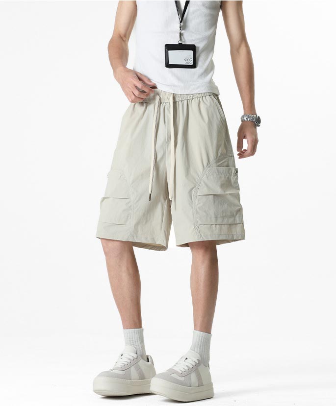 ベージュパンツ 男性用立体ポケットワイド五分丈カーゴパンツ