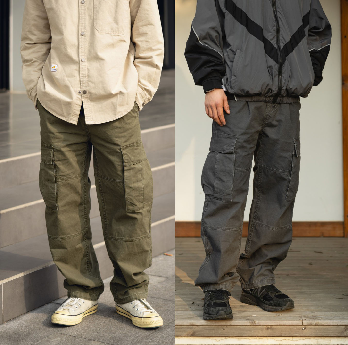ベージュパンツ 男女兼用 ワーク風ベージュカーゴパンツ 春秋新作