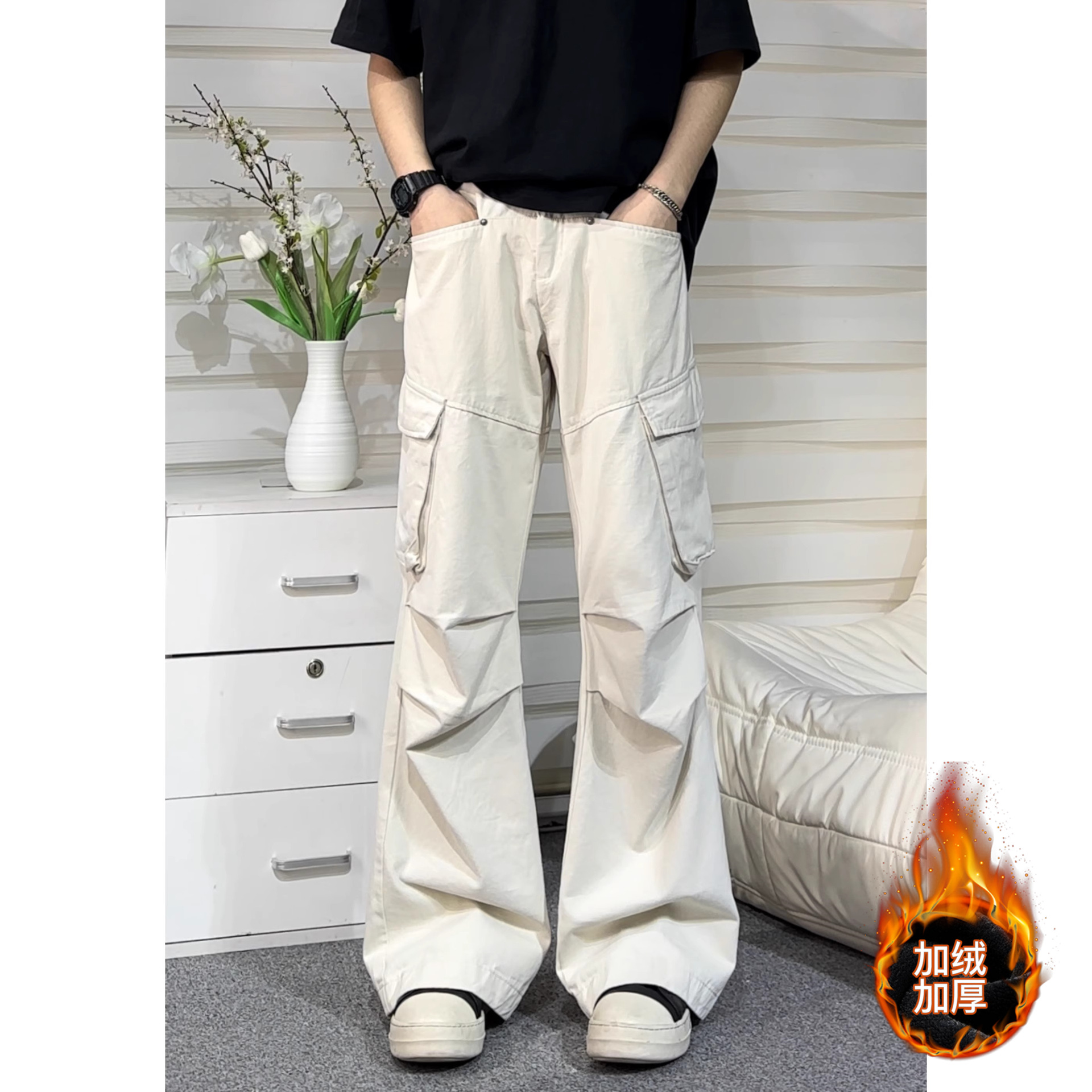 ベージュパンツ ベージュパンツ ゆったりマルチポケット実用派パンツ