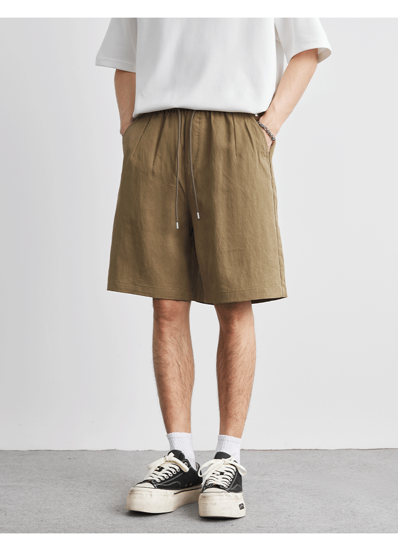 ベージュパンツ メンズ 薄手テンセル ワイドショートパンツ 夏用涼感ハーフパンツ