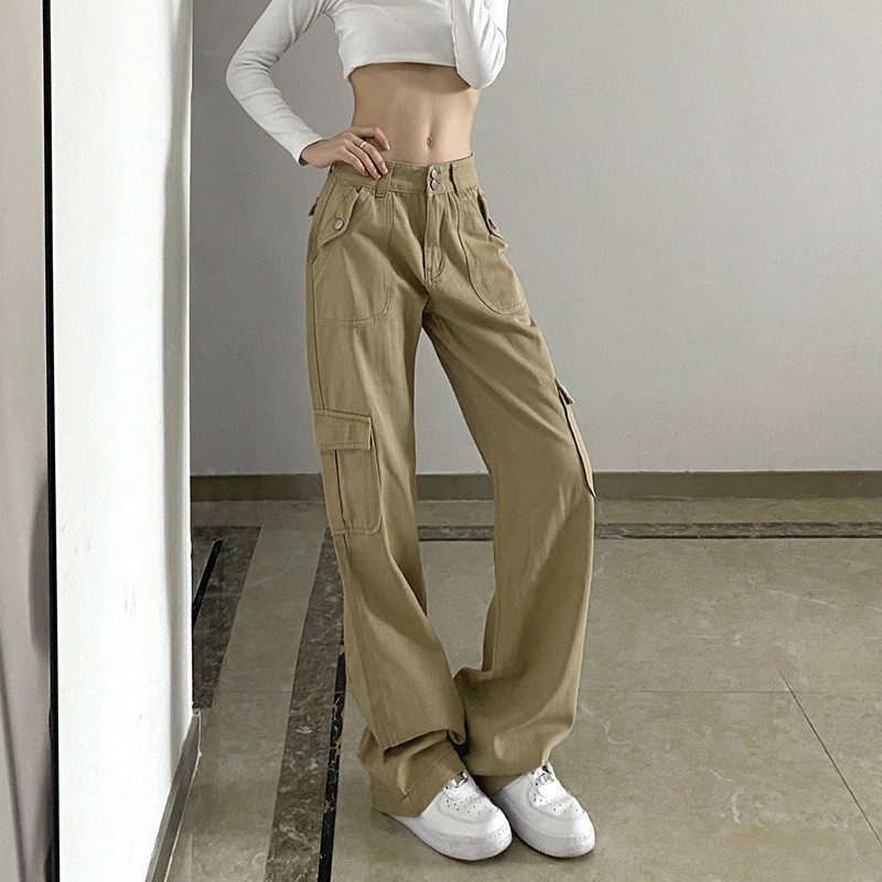 ベージュパンツ レディースカーゴパンツゆったりワイド体型カバーベージュ